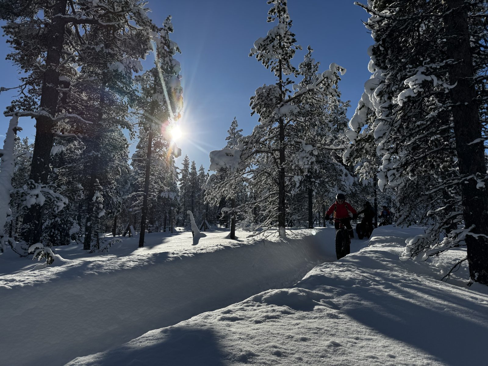 E-Fatbiken im tiefen Schnee bei der beitune Winterreise nach Finnisch Lappland